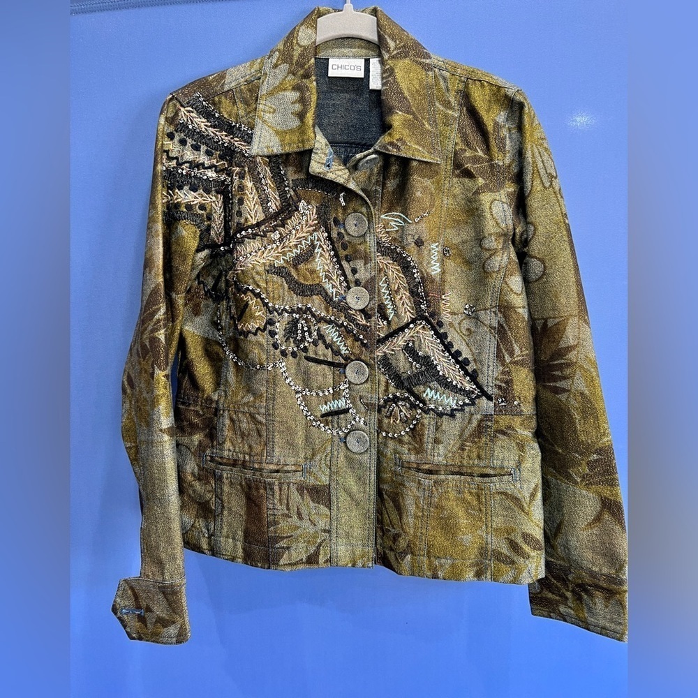 Chico's Fabulous Cropped Denim Embellished Jacket